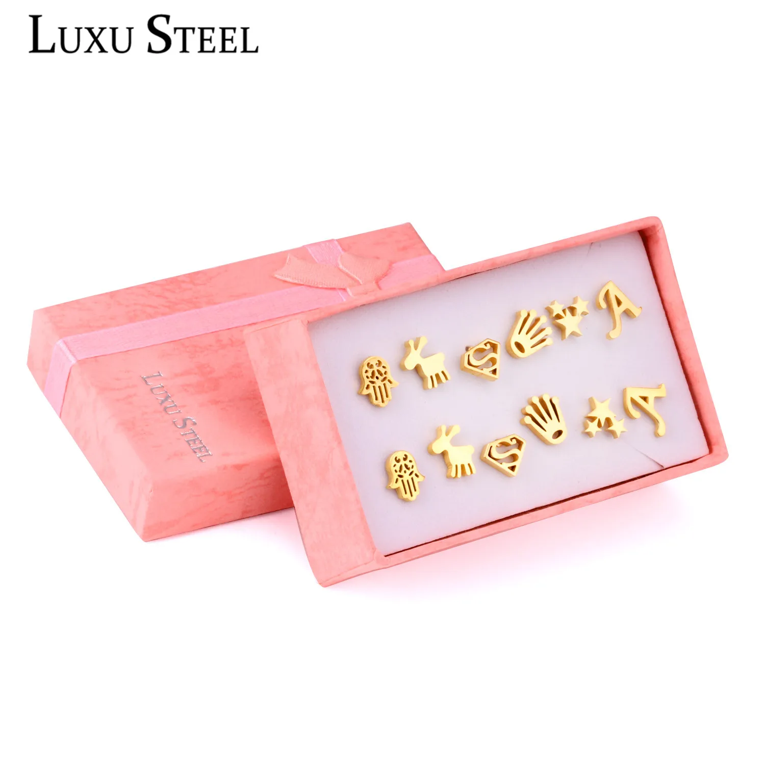 LUXUSTEEL Earring Sets 6 Pairs Golden Color Letter/Star/Hand/Animals Shape Stud Earring Sets For Women/Girl Wholesale Female