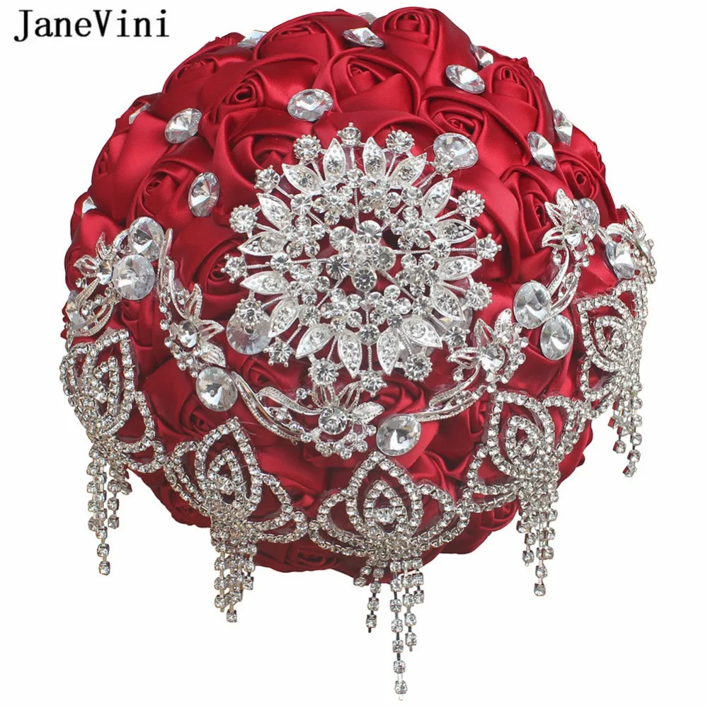 

JaneVini Romantic Wedding Flowers Red Bouquet Artificial Crystal Beaded Satin Rose Bouquet Bridal Wedding Accessories Ramo Boda