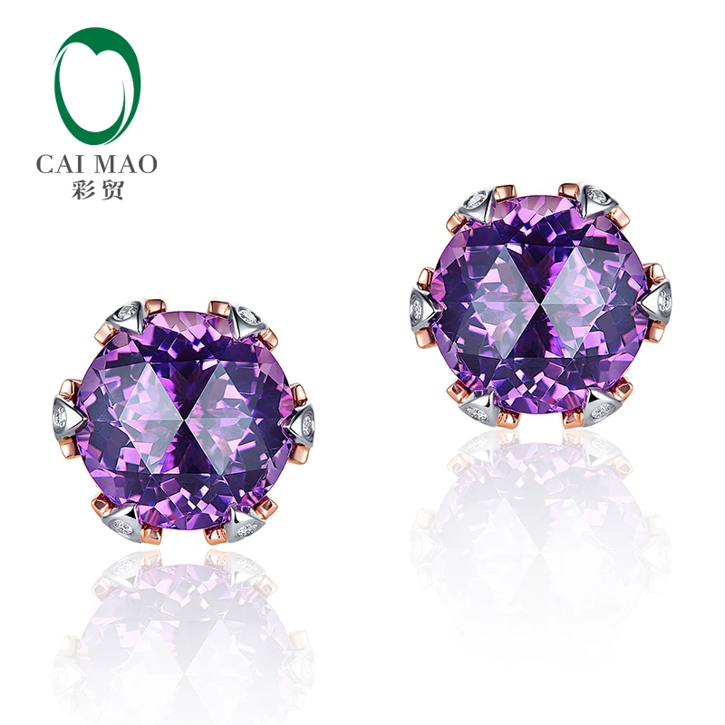 Vintage Earrings Studs Natural Round Amethyst 8.65ct with H SI Diamonds 14k Rose and White Gold