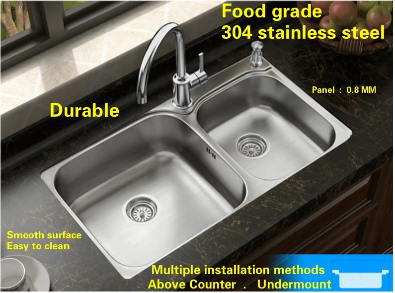 Free shipping Standard luxurious hot sell kitchen double groove sink food grade stainless steel whole drawing durable 830x480 MM