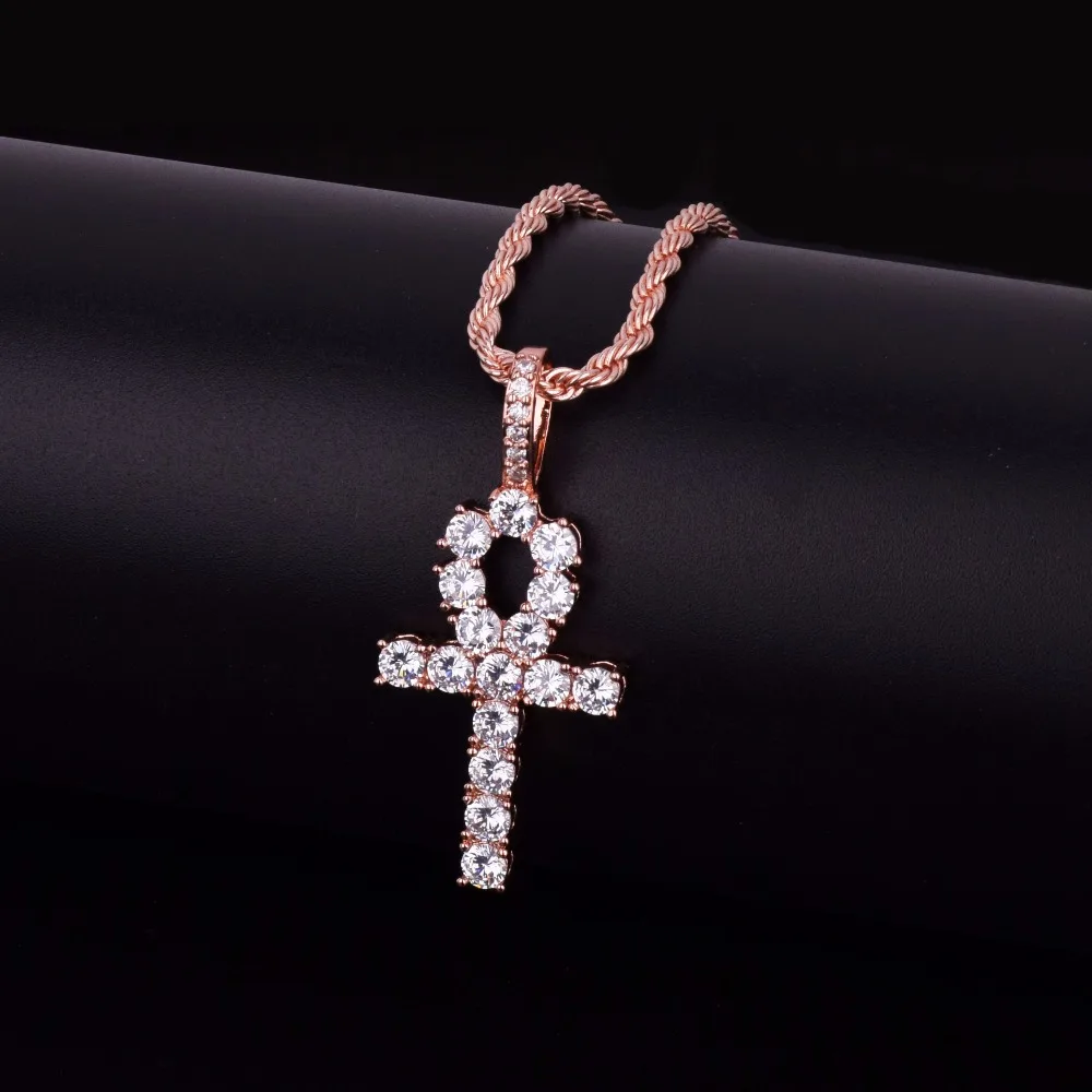 Bubble Letter Ankh Cross Necklace for Men Iced Pendant Gold Color Hip Hop Jewelry Prong Setting Cubic Zirconia