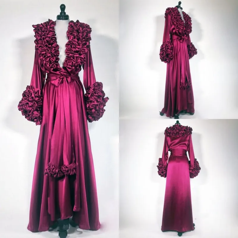 Gorgeous Burgundy Night Robes 2021 Silk Long Sleeve Celebrity Dress Tiered Ruffles Party Sleepwear Sexy Nightgowns Robes