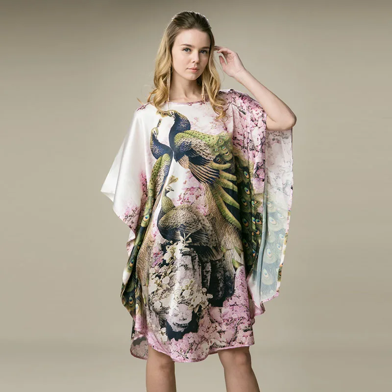 

100% Silk Satin Dress Natural Pure Silk Digital Printing Pink Peacock Animal Pattern Printed China Supply Customized Order