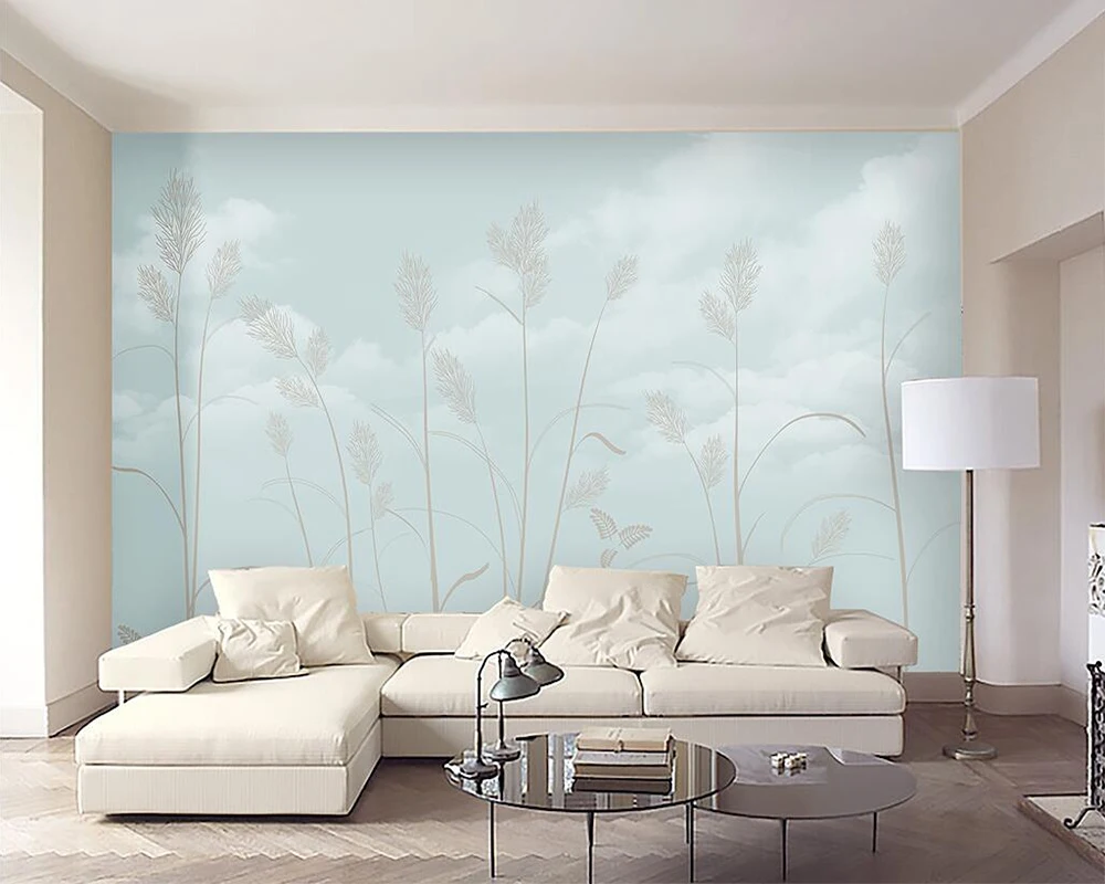 Decorative wallpaper Hand-painted white clouds branches and leaves background wall