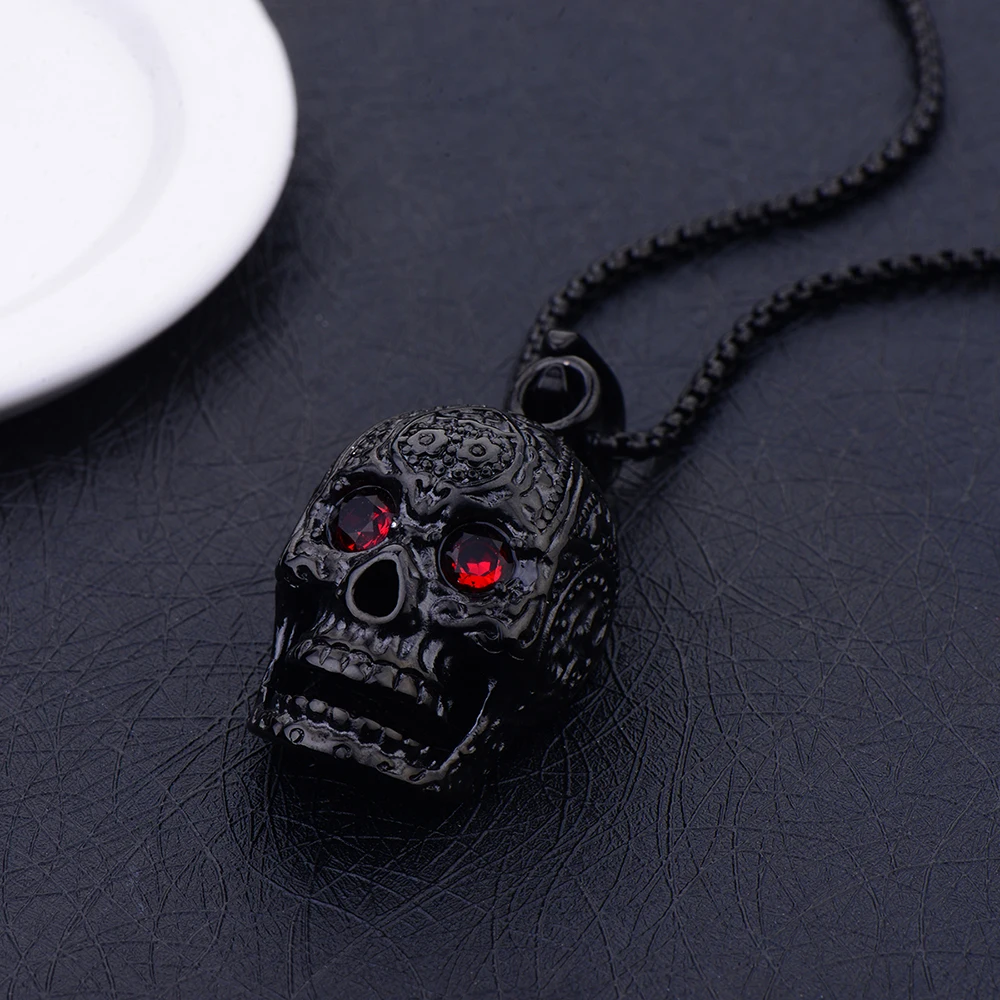 Hot Sale Titanium Steel Gold Black Color Skull Pendant Necklace with CZ Crystal Punk Rock Men\'s Jewelry Brother Gift