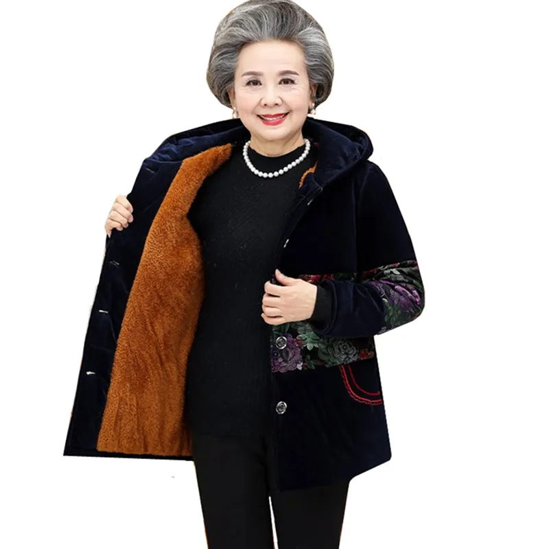 

Middle-aged Women's Grandmother Winter Hooded Jackets Warm Thick Loose Corduroy Cotton Coat Large size 5XL Casual Basic Jacket