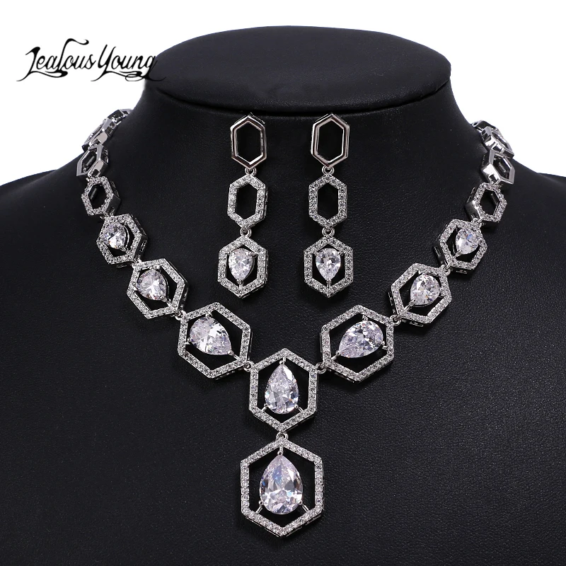 Luxury Hallow Square Zirconia Wedding Jewelry Sets for Women with Crystal Water Drop Jewellery Set for Women Indian Gift Set