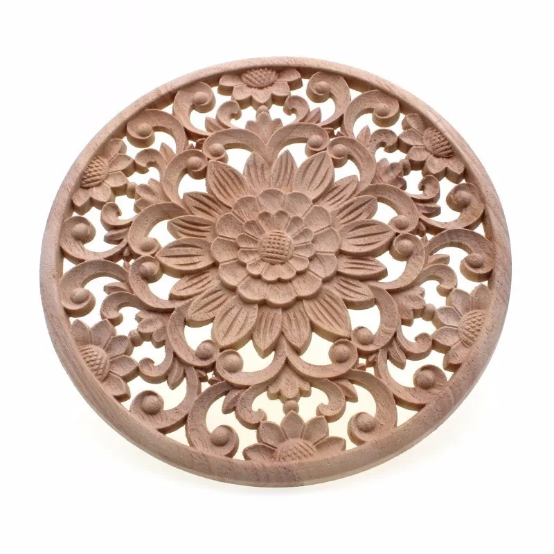 RUNBAZEF Carved Flower Carving Round Wood Appliques for Furniture Cabinet Unpainted Wooden Mouldings Decal Decorative Figurine