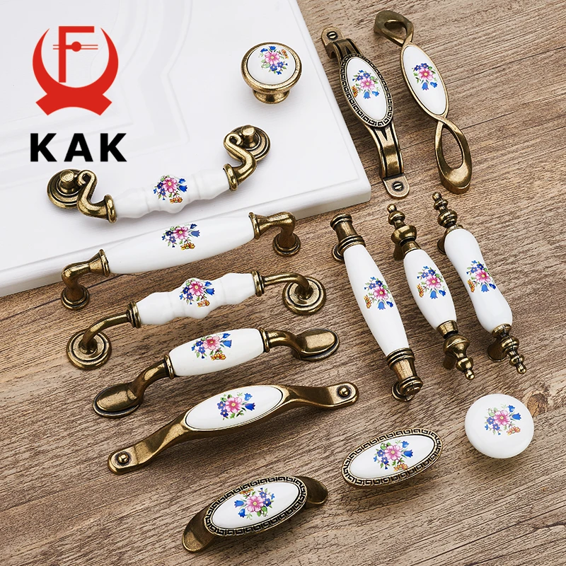 KAK Antique Bronze Ceramic Cabinet Handles Zinc Alloy Drawer Knobs Wardrobe Door Handles Morning Glory European Furniture Handle