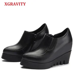 XGRAVITY 2025 Sexy Genuine Leather Lady High Heel Dress Wedges Design Pointed Toe Woman High Heels Ladies Platform Shoes A067