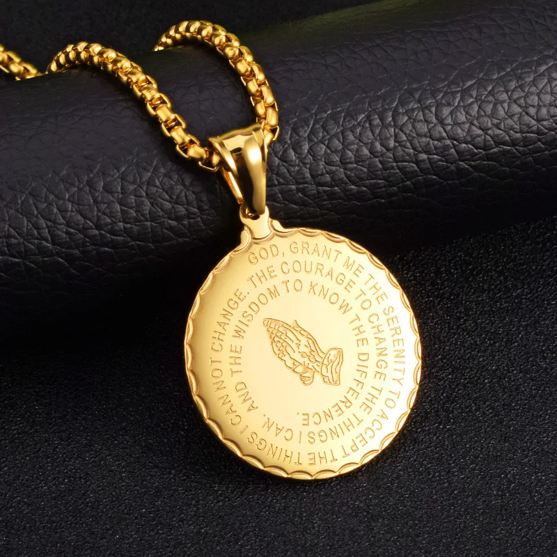 Hip Hop Men\'s Cross Bible Praying Hands Necklace For Men Gold Color Stainless Steel Chain Round Pendant Religious Jewelry Gift