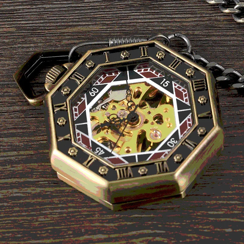 Retro Unique Hexagonal Roman Number Pocket Watch FOB Chain Steampunk Poker New Steel Mechanical Hand-winding Bronze Pocket Watch