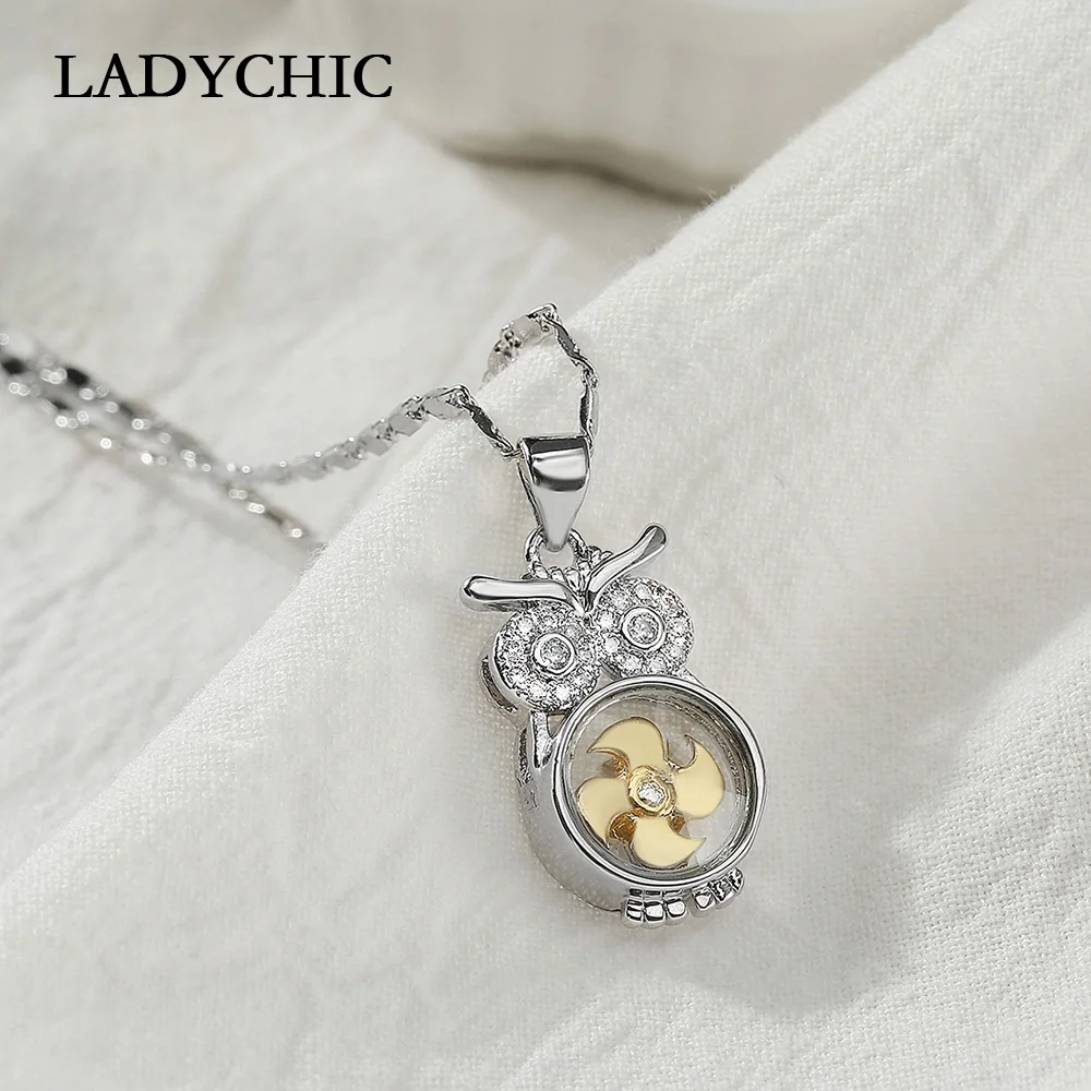 LADYCHIC Personality Owl Crystal Pendant for Women Sweater Chain Rotatable Windmill Necklace Jewelry Clothing Accessories LN1314