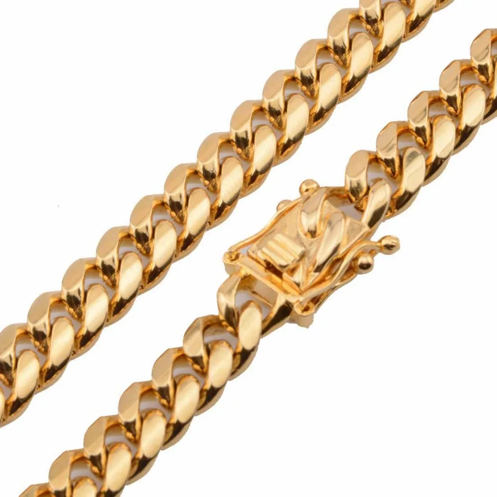 Hip hop Men Miami Cuban Curb Link Chain Necklaces Bracelet Stainless Steel 18K Gold Plated Lock Clasp Jewelry Set Size 12mm