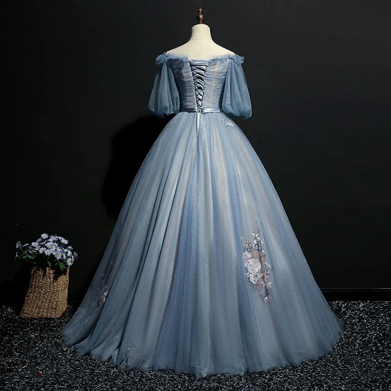 100% real light ash blue vintage bubble cosplay ball gown medieval dress Renaissance gown queen Victorian Belle Ball gown