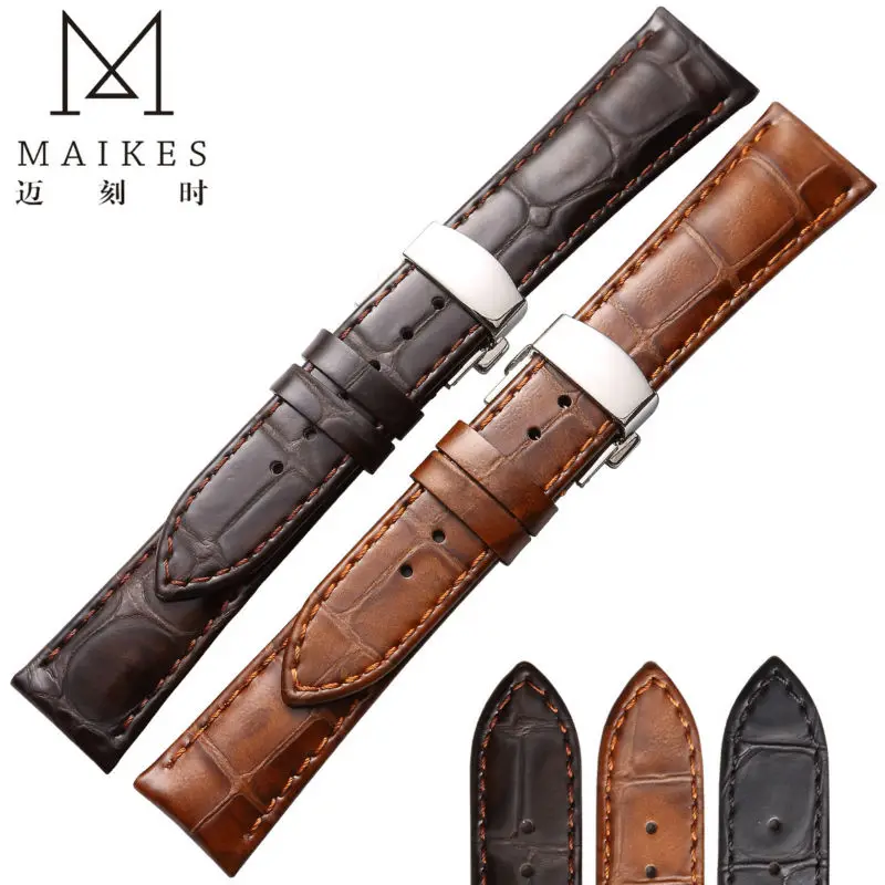 MAIKES High Quality Watch Accessories 18 19 20 22 mm Watchband Vintage Style Genuine Leather Strap Watch Band For IWC