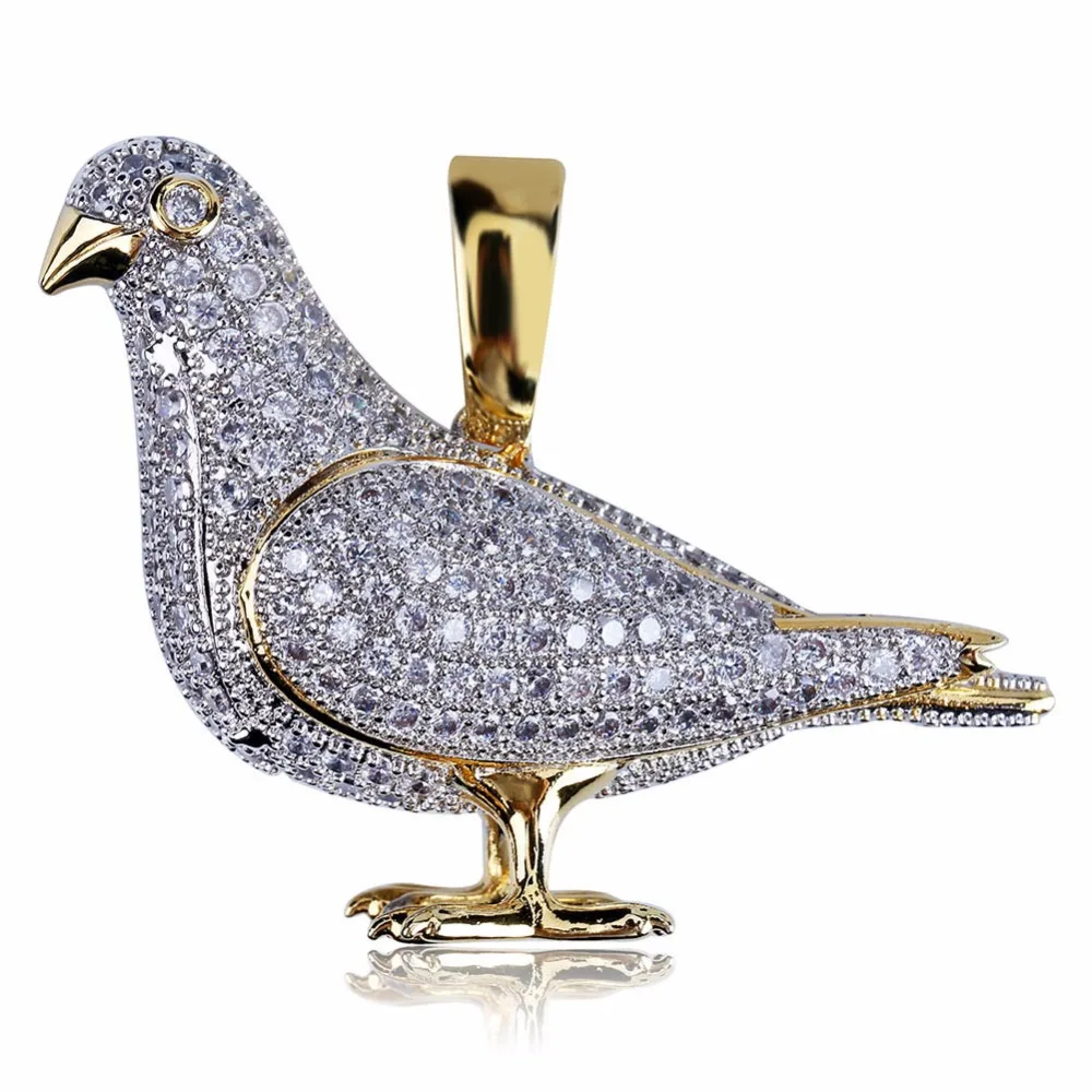 Bling Bling Golden Bird Dove Pigeon Pendants Necklaces for Men Micro Paved CZ Rhinestone Ice Out Hip Hop Rapper Jewelry