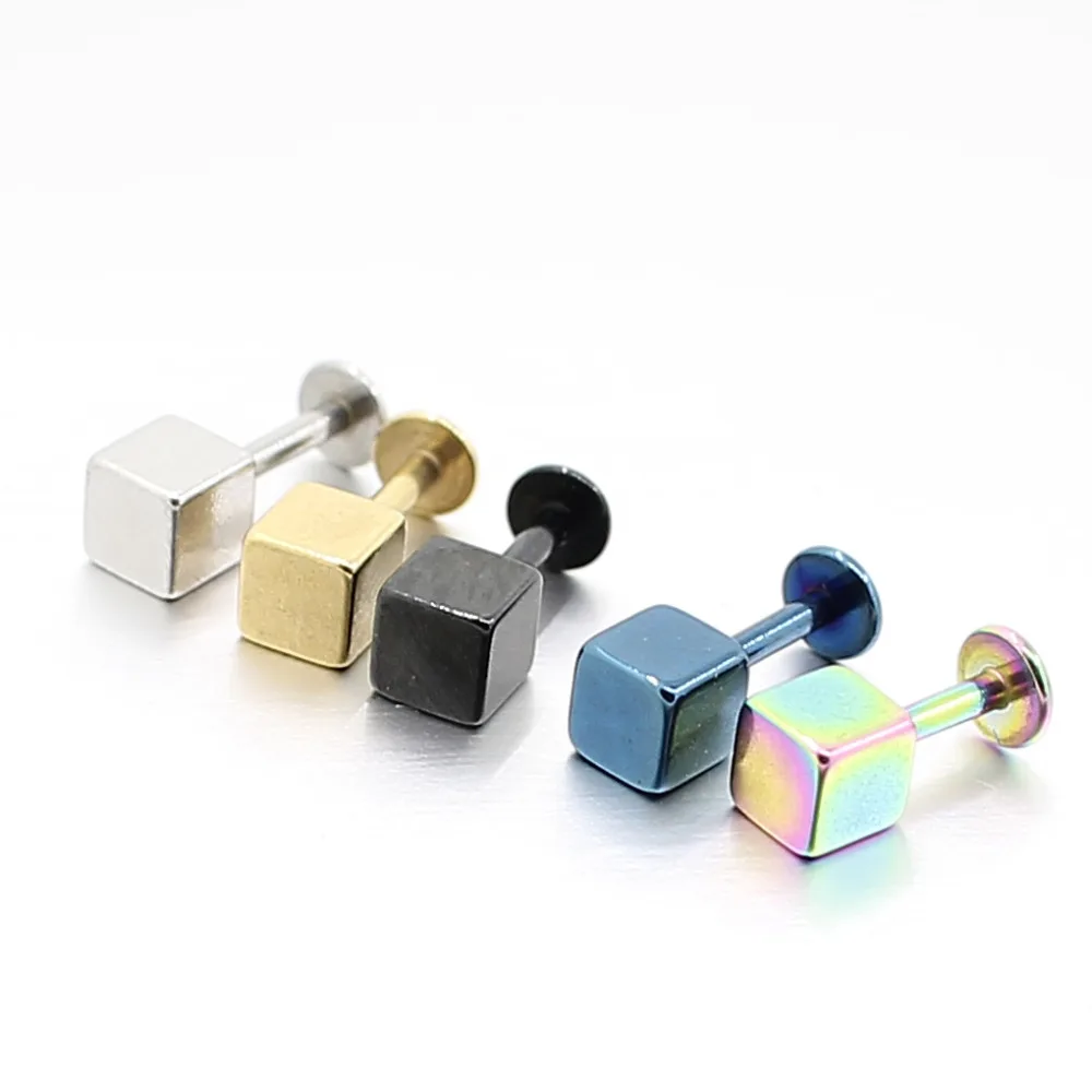 Alisouy 1pc Black Blue Gold Color Stainless Steel Square Cube Labret Lip Rings Nails Ear Stud Earrings Body Piercing Jewelry