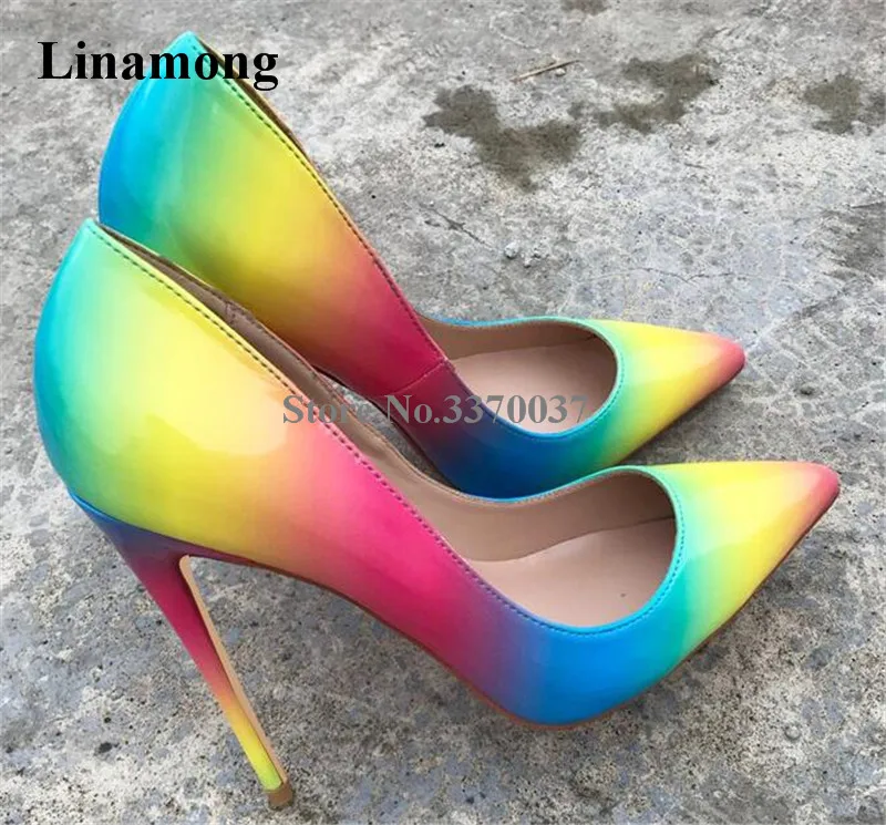 Ladies Charming Pointed Toe Patent Leather Rainbow Stiletto Heel Pumps 8cm 10m 12cm Gradient Mix-colors High Heels Dress Shoes