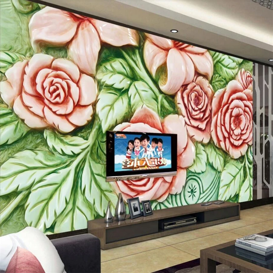 

Beibehang-Custom Photo Wallpaper, 3D Jade Carved Rose, Living Room, TV Wall Decoration, Painting, Mural