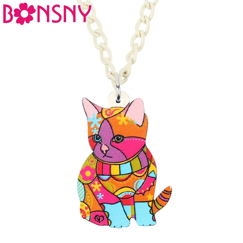 Bonsny Acrylic Colorful Sitting Anime Kitten Cat Pendant Necklace Chain Choker Hipster Pet Jewelry For Women Girls Charm Gift