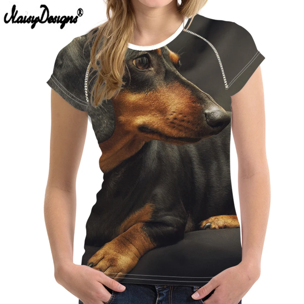 NoisyDesigns Dachshund Dog Print Funny Tshirt Woman Casual Man Summer Short Sleeve Femme Top T-Shirt Black Shoulder Girls