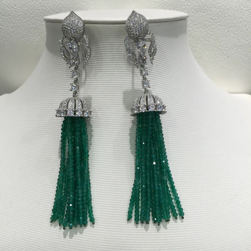 long tassels drop earring 925 sterling silver with cubic zircon  natural semi-precious stone green color multi layers  fashion