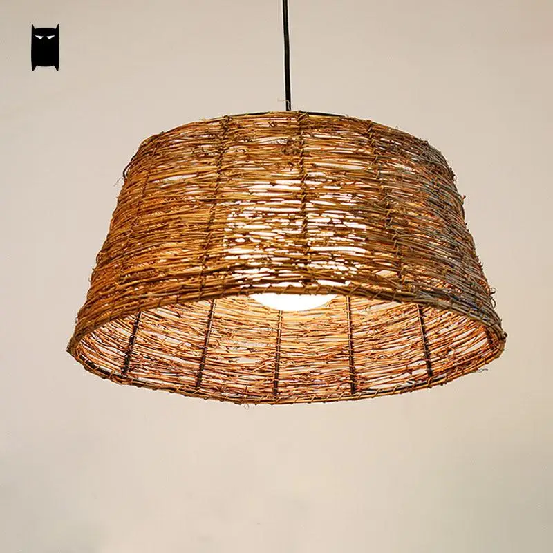 Wicker Rattan Glass Bucket Shade Pendant Light Fixture Rustic Vintage Retro Asian Hanging Lamp Luminaire Restaurant Dining Room