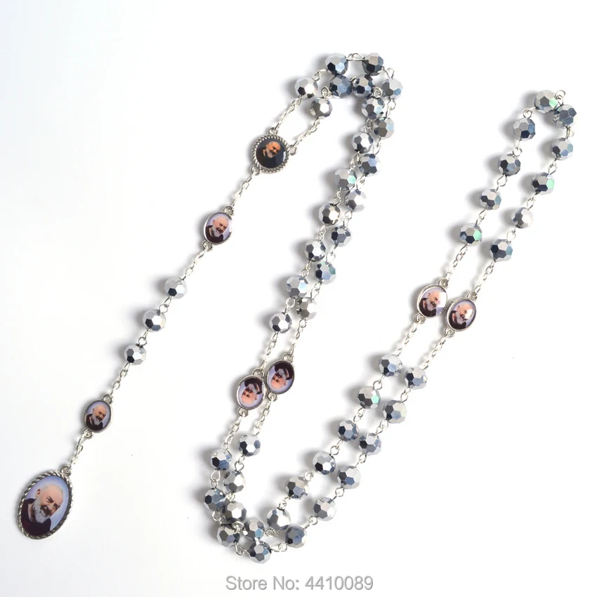 عقد سبحة مع خرز معدني متعدد الأوجه ، عصري ، قطعة مركزية وقلادة ، St Pio #4