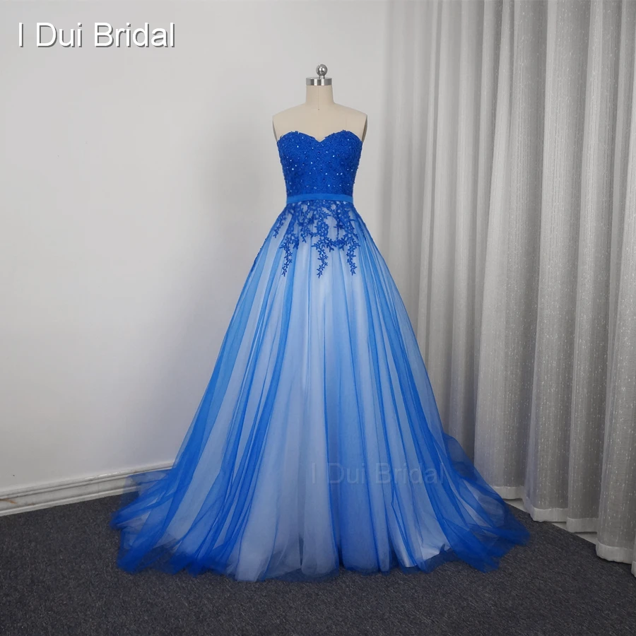 Dell'innamorato Blu Prom Dresses Una linea di Tulle Rivestimento Completo Appliqued Merletto In Rilievo Partito Abiti Occasioni Speciali Su Ordine 201705103