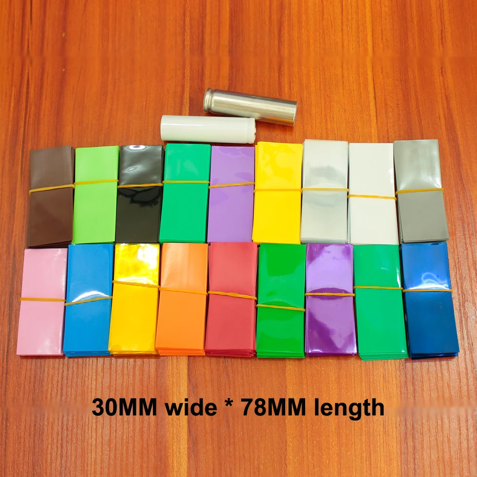 100 stücke/lot 18650 lithium-batterie PVC wärme schrumpf film schrumpfen hülse haut blau transparent farbe obst grün rot 30*78MM lange