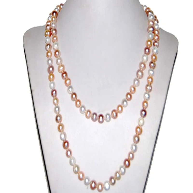 48 inches 8-9mm Natural Triple-color Potato Pearl Long Chain Necklace