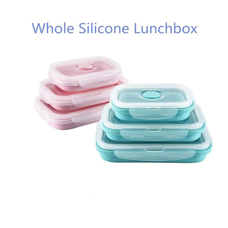 

3PCS Portable Rectangle Whole Silicone Lunchbox Scalable Folding Bento Box Food Container with Circular Hole for Dinnerware Set