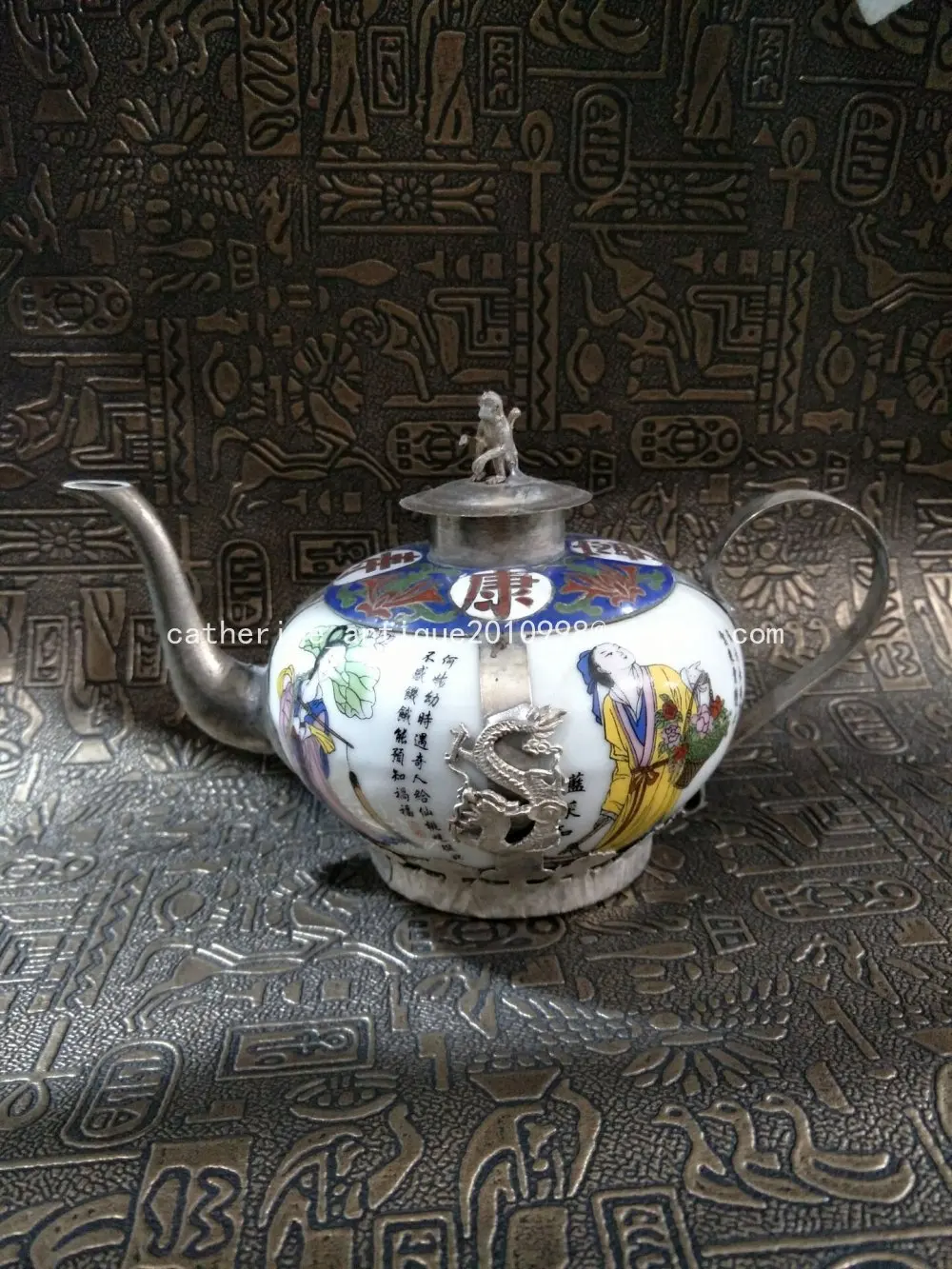 

Very rare Qing Dynasty silver &procelain teapot,8 fairyes,with mark,Free shipping