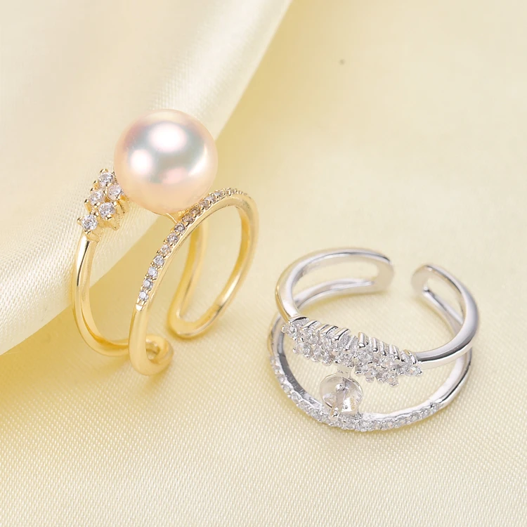 Luxury Double Strand Adjustable Pearl Rings Settings S925 Sterling Silver Pearl Rings Components Silver&Gold Color 3Pcs/Lot