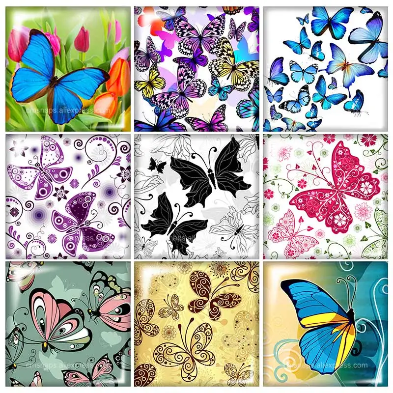 Beauty Lively Butterfly 10pcs mixed 12mm/20mm/25mm/30mm Square photo glass cabochon demo flat back Making findings FB0163