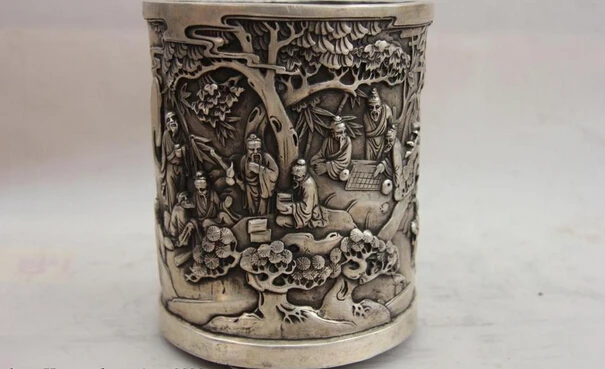 17CM China White Copper Silver Old people Landscape pencil vase Pen case brush pot