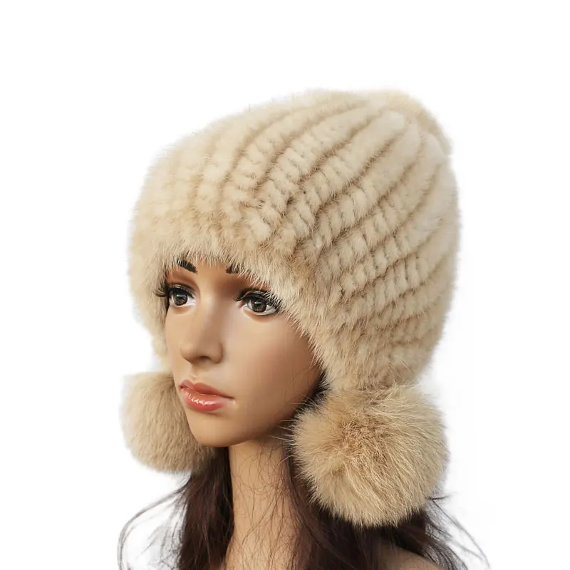 Fashion Women Real mink hat Winter warm mink fur knit hats Women fox fur ball cap