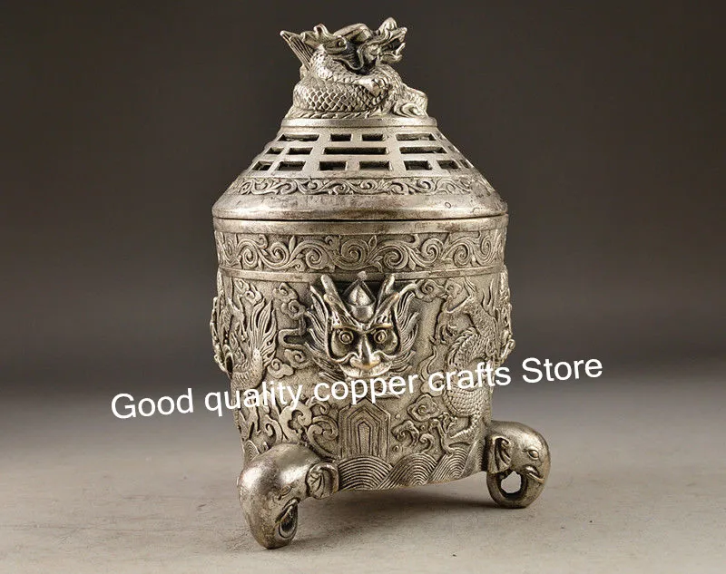 Tibet White Copper handwork Embossment Dragon Exorcism Incense Burner