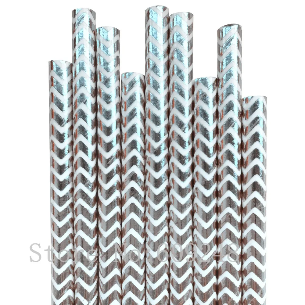 100 Pcs Metallic Silver Foil Chevron Paper Straws,Shiny Zig Zag Drinking Paper Straw Cake Pop Sticks,Wedding Birthday Party Bulk