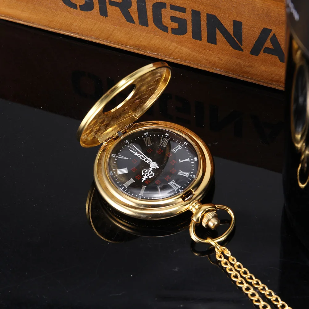 Men Women Quartz Pocket Watch Golden Rome Number Carved Case Big Dial with Chain LL@17