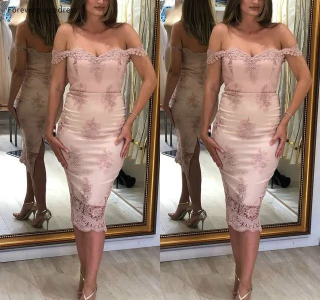 

2019 Elegant Pink Sheath Cocktail Dress Off Shoulders Tea Length Formal Club Wear Evening Prom Party Gown Plus Size Custom Made