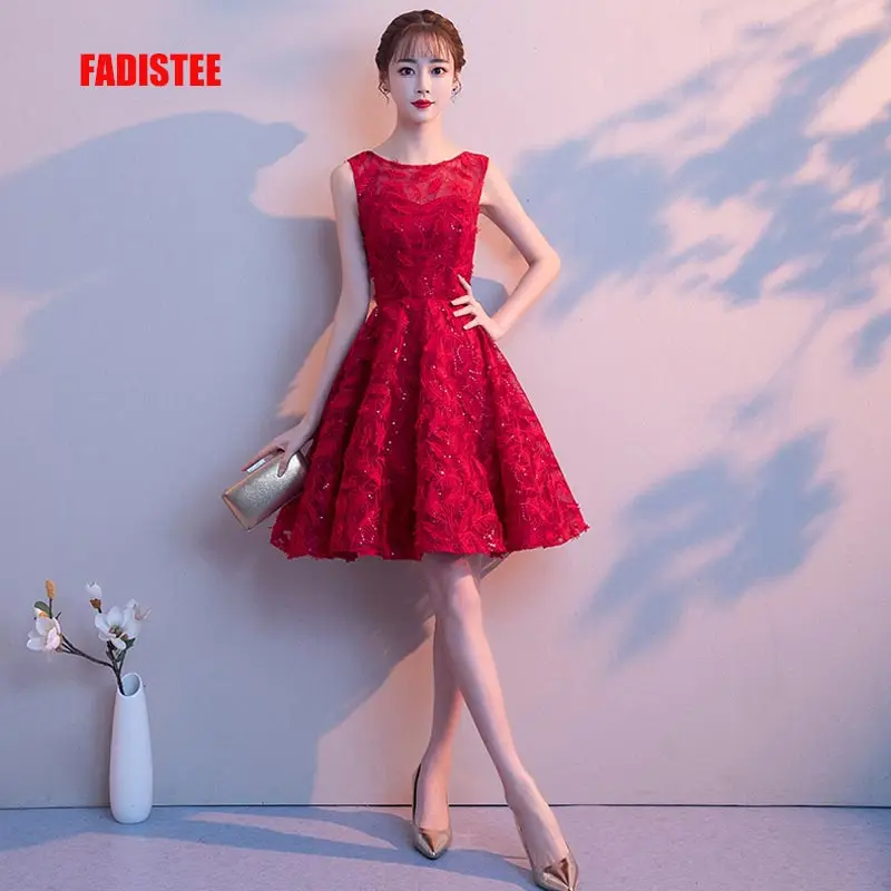 

FADISTEE New design A-line short dresses scoop-neck cocktail party dress festa lace elagant simple modern zipper Burgundy frock