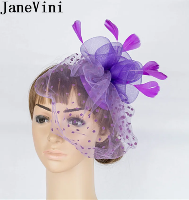 JaneVini Sombrero Boda Lila Hochzeit Hüte Frauen Elegante Bräute Facinators Gesicht Schleier Mesh Feder Braut Vintage Hut Kopfschmuck