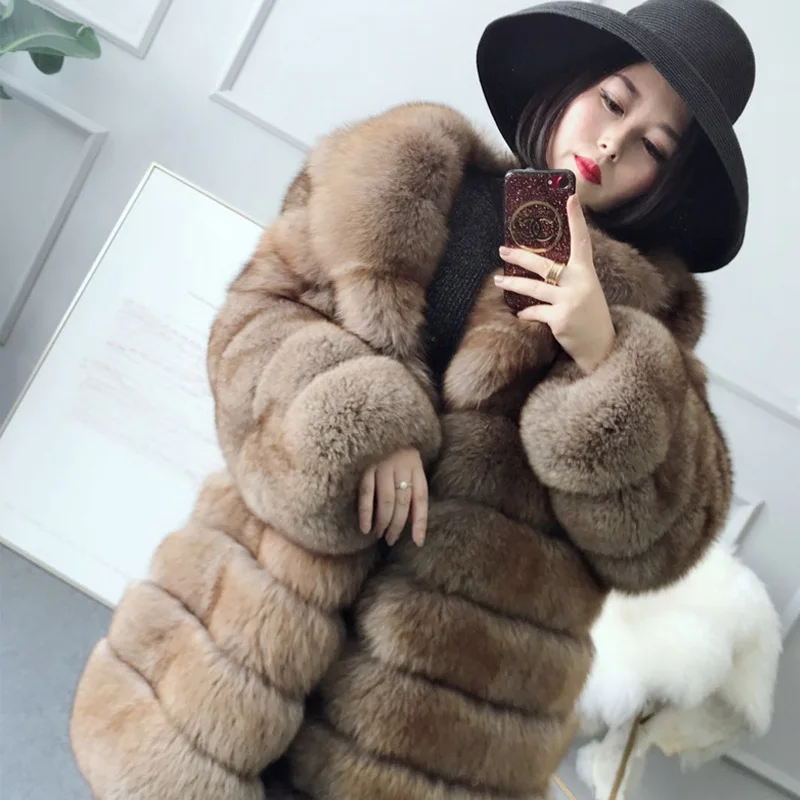 New Fashion Woman's long fox fur coat The new light brown fox fur coat Comfortable And Warm