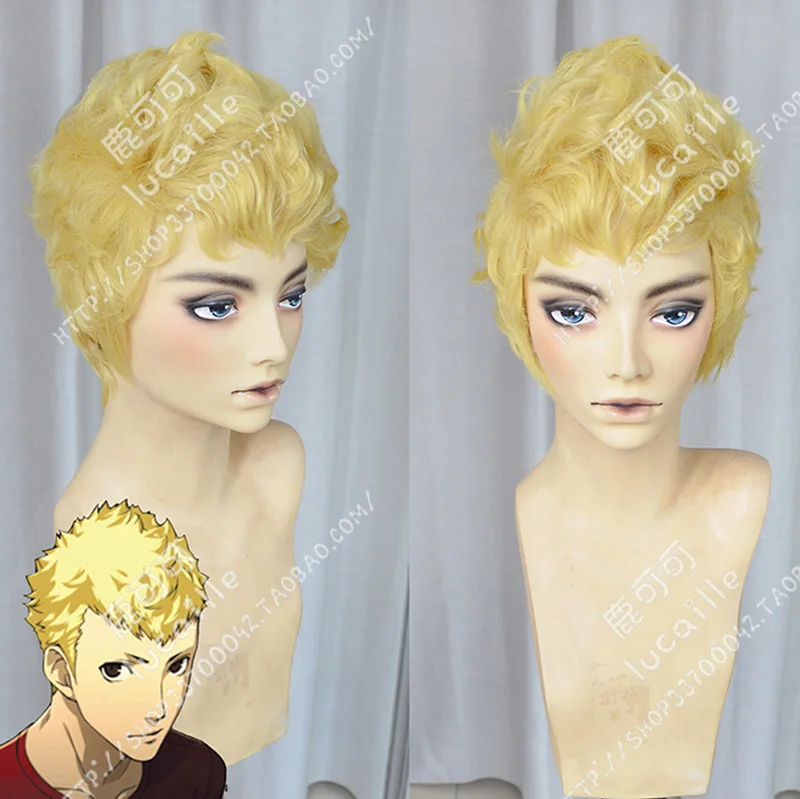 

Game P5 Persona 5 Ryuji Sakamoto Short Curly Golden Cosplay Costume Wig Heat Resistant Synthetic Hair Wigs + Wig Cap