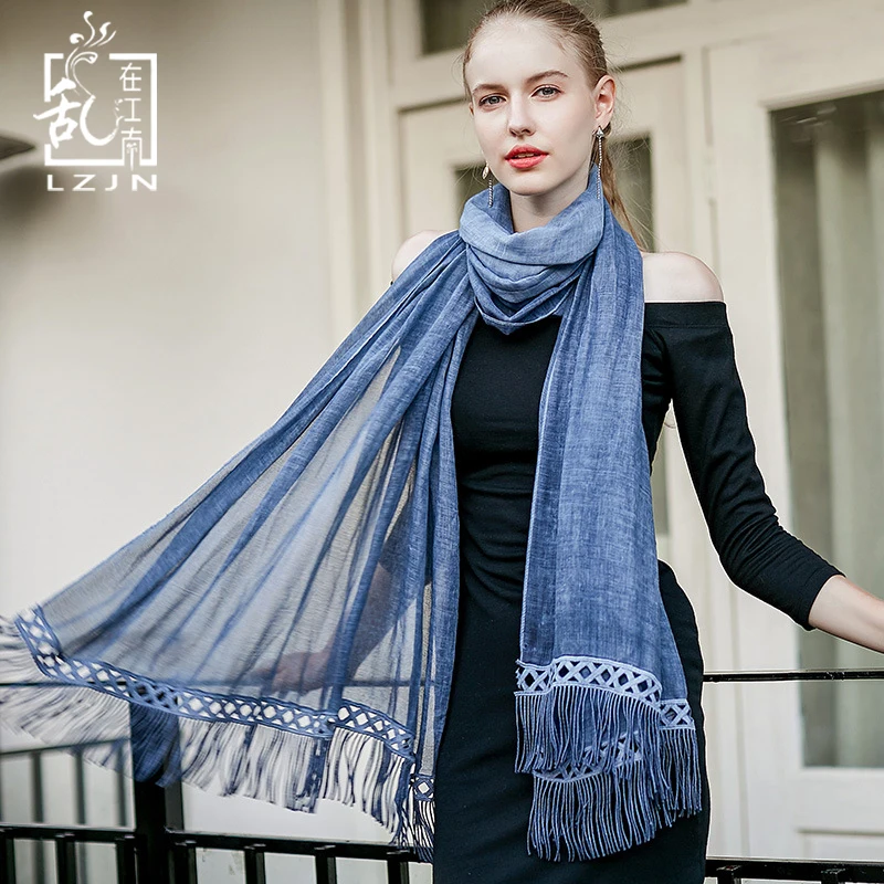 

LZJN Luxury Tassel Scarf 88*220cm Fashion Women Long Cotton Shawls Gradient Pashmina Hijab Foulard Scarves Ethnic Wraps 6 Colors