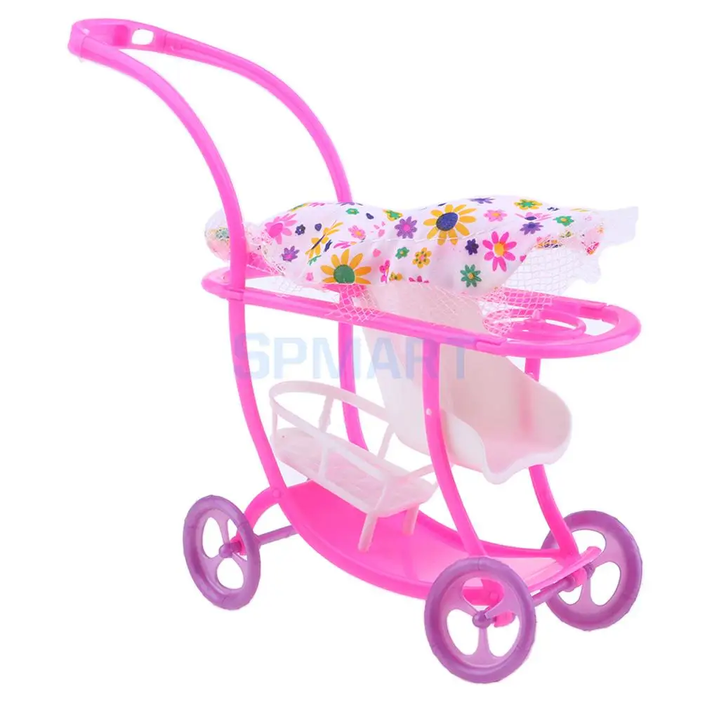 Miniature Baby Doll Stroller Push Car Dolls Trolley Furniture Bedroom Room Item Children Kids Pretend Play Toy Dolls Acc