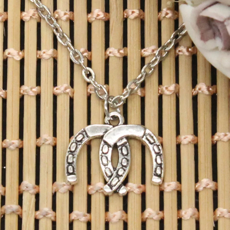 New Fashion Double Lucky Horseshoe Horse Pendants Round Cross Chain Short Long Mens Womens DIY Silver Color Necklace Gift