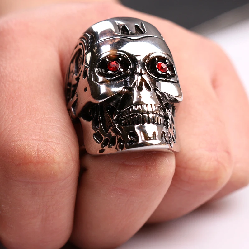 Terminator Skull Ring Men Red Crystal Eyes Decoration Skull Rings Men Locomotive Punk Style Accessories Gifts